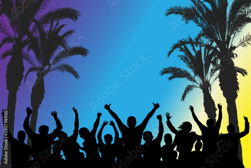 Beach disco party, silhouettes of dancing people and palm trees. Vector illustration.