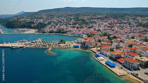 Aerial drone photo of iconic medieval castle and village of Pylos or Pilos in the heart of Messinia prefecture, Peloponnese, Greece