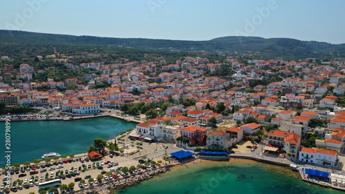 Aerial drone photo of iconic medieval castle and village of Pylos or Pilos in the heart of Messinia prefecture  Peloponnese  Greece