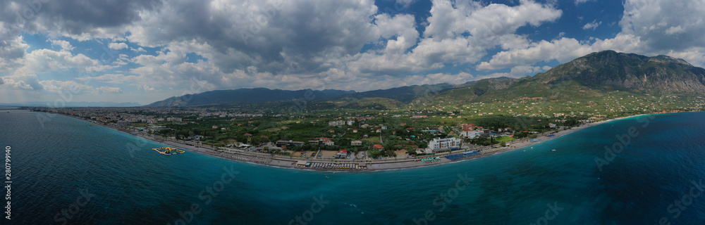 Obraz premium Aerial drone photo of famous seaside town and port of Kalamata, South Peloponnese, Greece