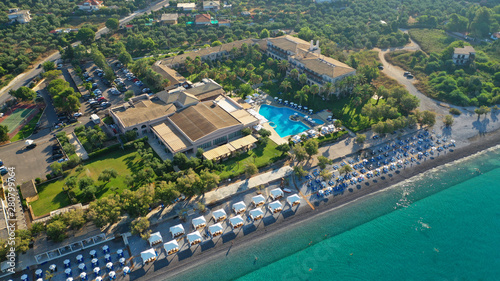 Aerial drone photo of famous seaside town and port of Kalamata, South Peloponnese, Greece