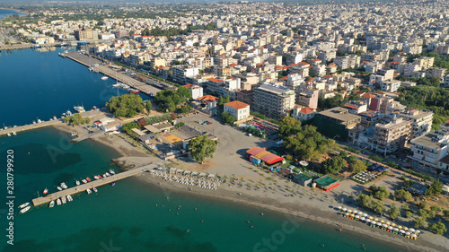 Aerial drone photo of famous seaside town and port of Kalamata, South Peloponnese, Greece