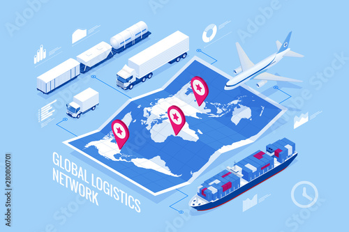 Global logistics network Flat 3d isometric vector illustration Icons set of air cargo trucking rail transportation maritime shipping On-time delivery Vehicles designed to carry large numbers of cargo