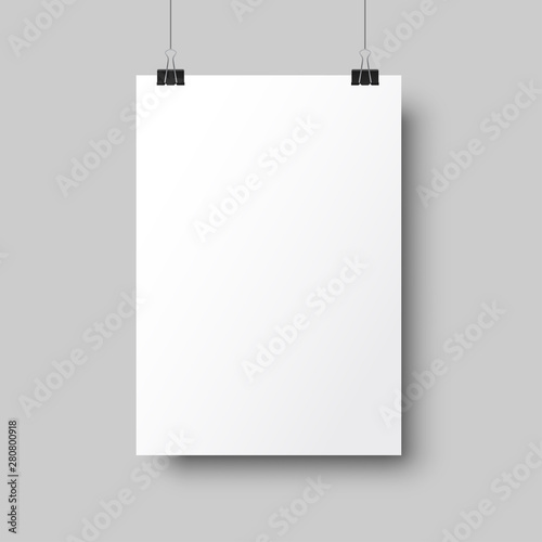 Blank posters hanging with shadows. White hanging white paper on binders. A4 paper page, mockup, sheet on wall - stock vector