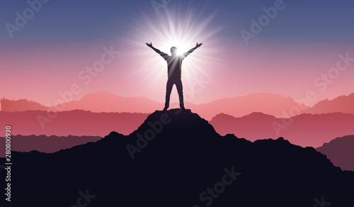 Silhouette of a winner on mountain peak. Active life concept. Man silhouette on sunrise - stock vector