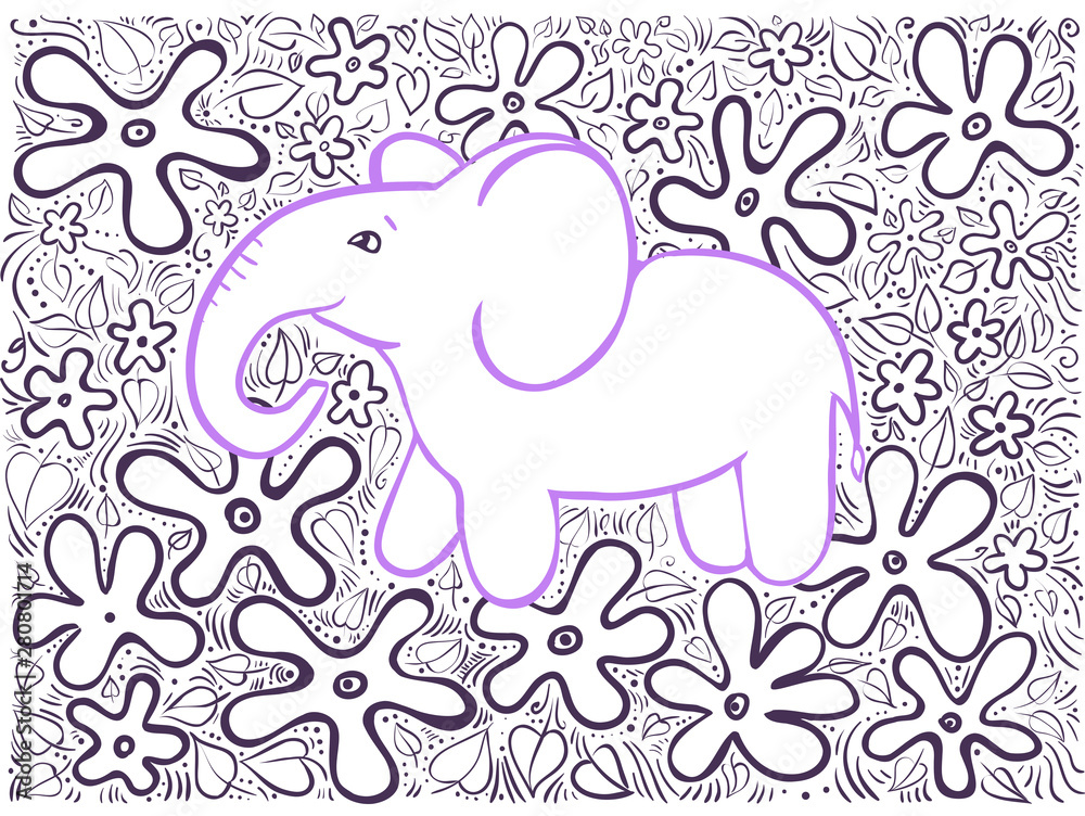 Naklejka premium Violet doodle decor elephant with blue flowers
