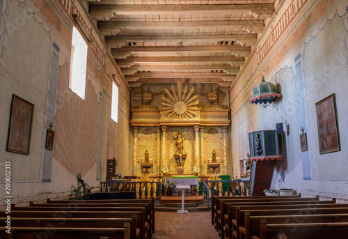 Interior of Church of Mission San Miguel Arcángel. San Miguel, San Luis Obispo County, California, USA.