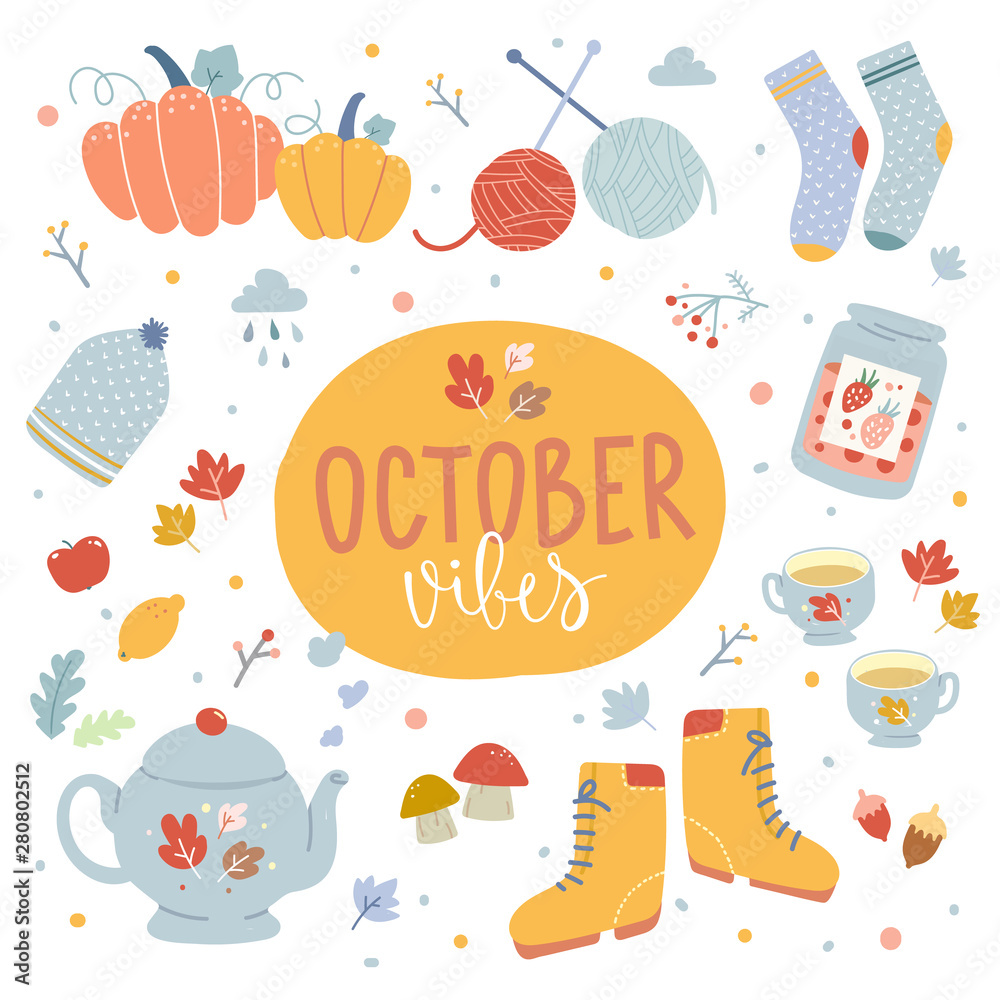 Autumn vibes lettering, collection of hand drawn vector illustrations in  scandinavian style. Boots, tea pot, socks, pumpkin, leaves and other  symbols of autumn. Cozy fall hygge ideas for october. Stock Vector