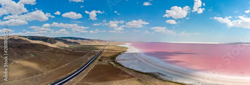 Aerial view of Lake Tuz, Tuz Golu. Salt Lake. Red, pink salt water. It is the second largest lake in Turkey and one of the largest hypersaline lakes in the world. It is located in the Central Anatolia photo