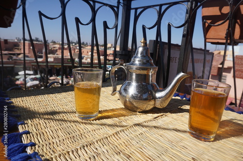 Tea time in a terrace of the Spices square, Marrakesh photo
