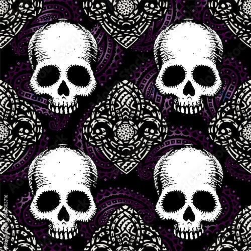 Seamless pattern with hand drawn skulls. Vector Illustration