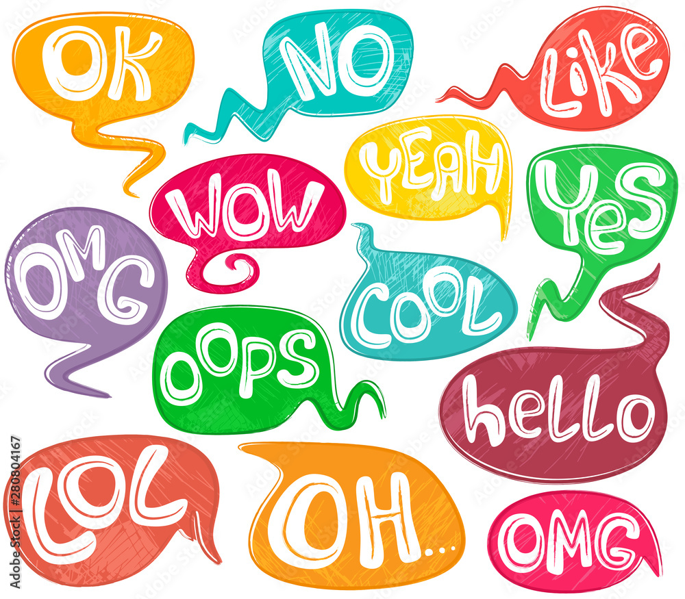 Various speech bubbles with words. Hand drawn set. Different shapes. Vector isolates on a white background.