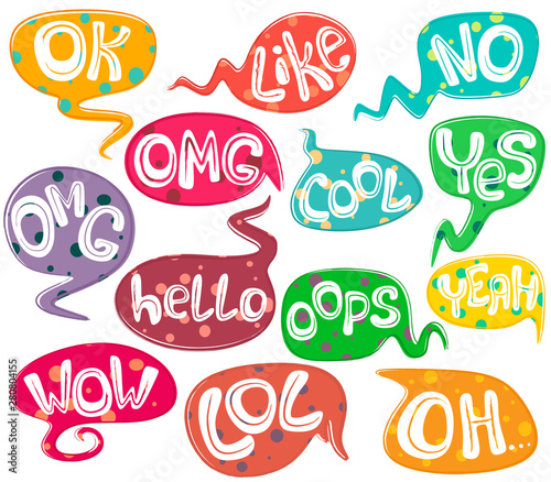 Different speech bubbles with words and polka dot background texture. Hand drawn set. Different forms. Vector isolate on white background.