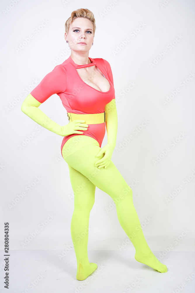 curvy girl in spandex leotard with pantyhose and gloves Stock Photo ...