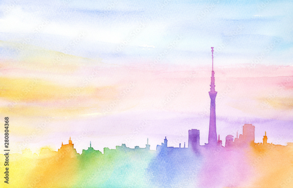 東京スカイツリーが見える景色　虹色シルエット　水彩