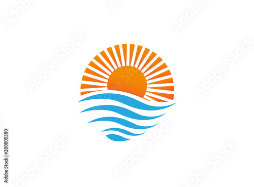 Bright sun on sea waves for logo design illustration on a white background