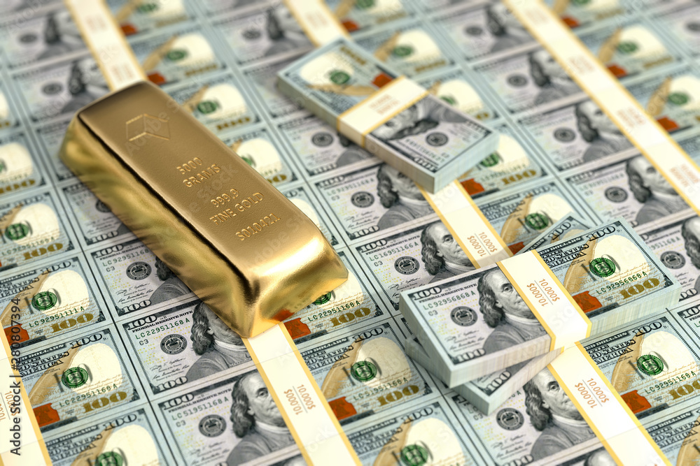 Gold bar and 100 Dollar banknotes - 3D Rendering Gold bar and 100 Dollar banknotes - 3D Rendering