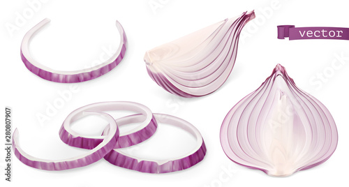 Onion. Half, piece, rings. 3d vector realistic set