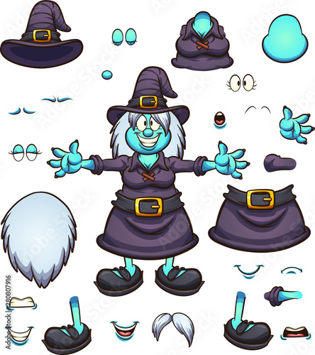 Cartoon Halloween witch character with different body parts and expressions, ready for animation. Vector illustration with simple gradients. Some elements on separate layers. 