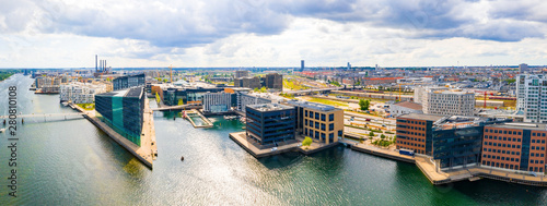 Beautiful aerial view of the new modern district in Copenhagen, with glass skyscrapers, office buildings and modern architecture.