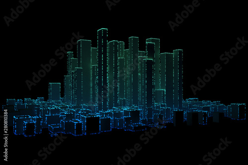 Abstract 3D city rendering with futuristic matrix. 