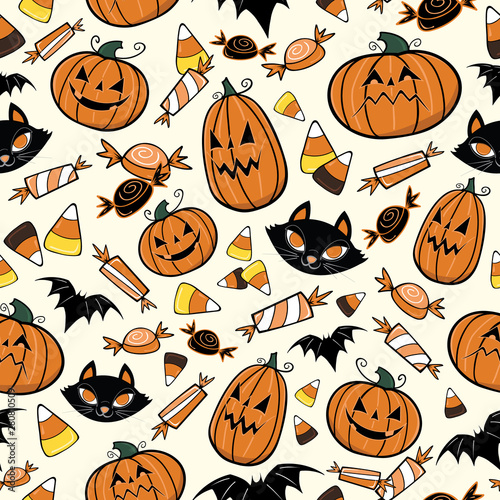 Vector Halloween pumpkins, candy, black cats, and bats on yellow background. Seamless repeat pattern design, perfect spooky graphics for wallpaper, fabric, banners or package design applications.