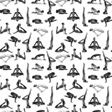 Yoga Poses Collection. Watercolor seamless pattern. Black and white.
