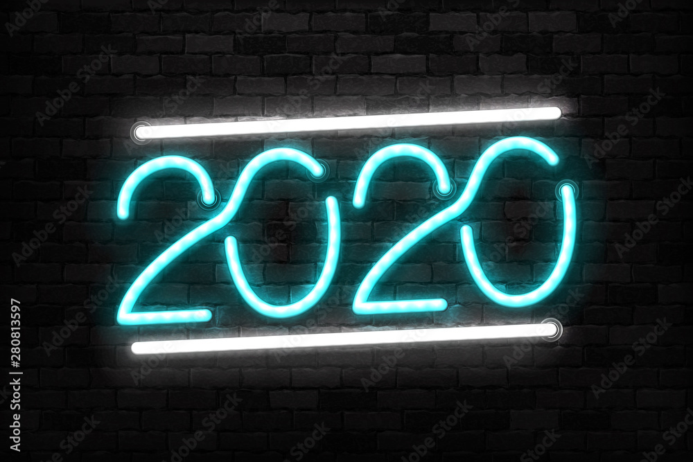 Obraz premium Vector realistic isolated neon sign of 2020 year logo for template decoration and covering on the wall background. Concept of Happy New Year and Merry Christmas.
