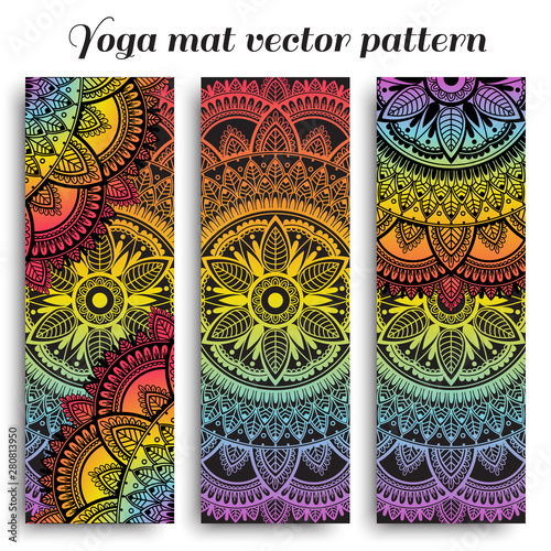 Set of ethnic designs for yoga mats. Rainbow gradient and black vector pattern with mandala.