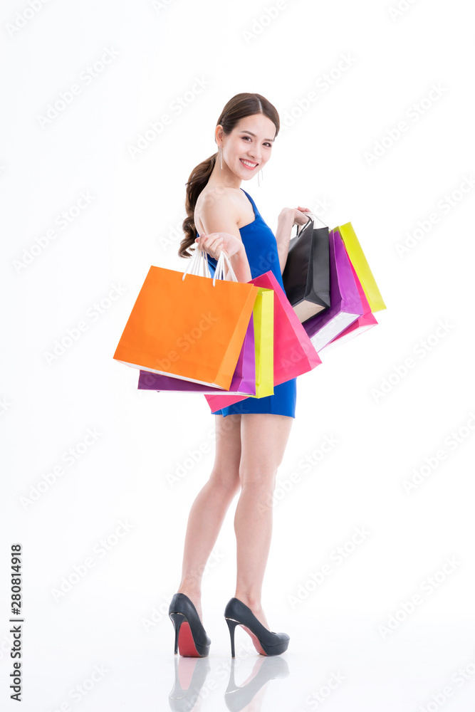 beautiful asian woman enjoy shopping and joyful hand hold colorful shopping bag white background beautiful asian woman enjoy shopping and joyful hand hold colorful shopping bag white background