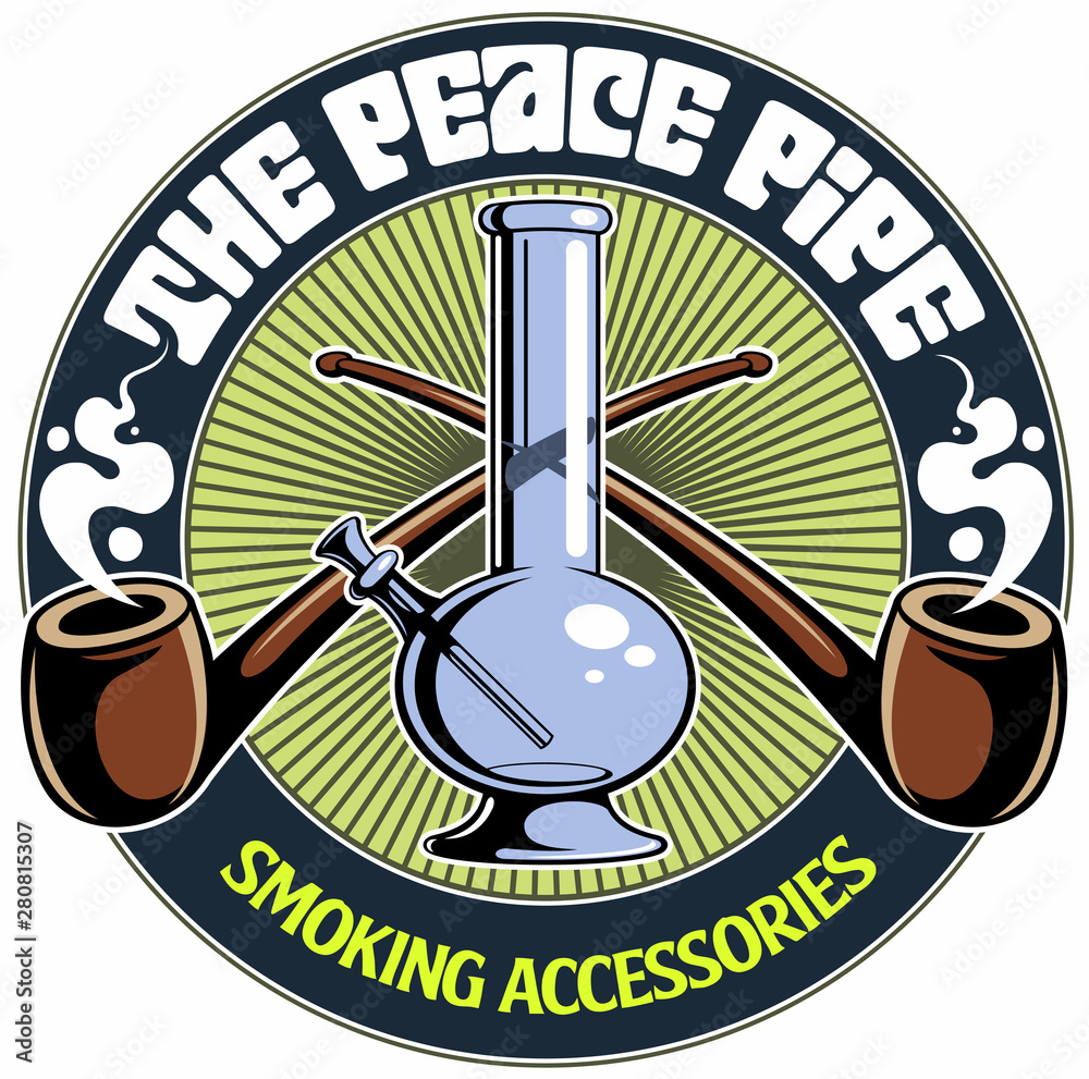 Two crossed smoking pipes and glass water smoking pipe, vector logo
