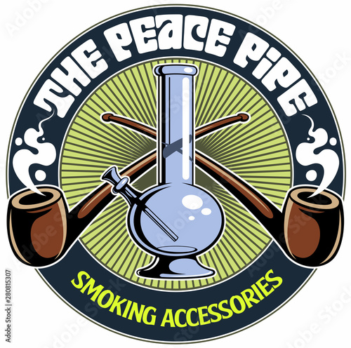 Two crossed smoking pipes and glass water smoking pipe, vector logo.