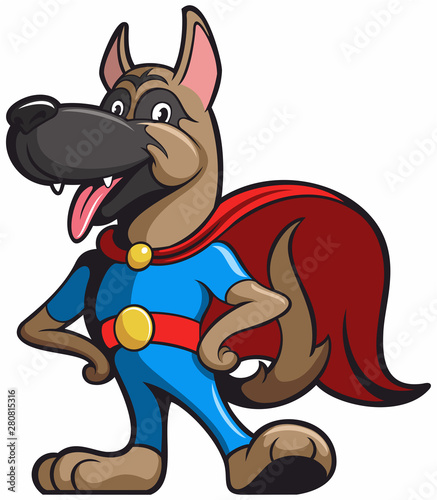 Cartoon style dog as super hero, dog cartoon character with blue clothing and red cloak.