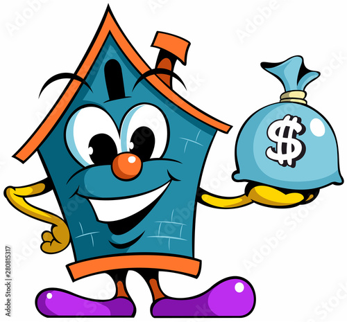 House cartoon mascot logo holding bag of money, house cartoon character with the cash money.