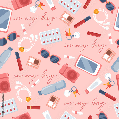 Girly personal items isolated on pastel background : Seamless Pattern : Vector Illustration photo