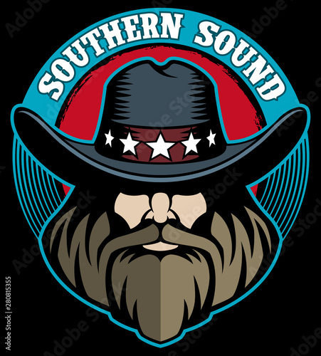 Southern rock vector logo, bearded man face with cowboy hat vector logo.