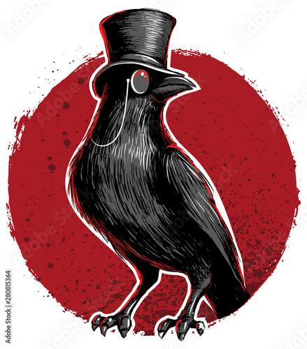 Crow, blackbird with cylinder hat and monocle.