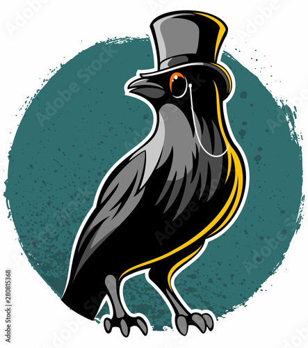 Crow, blackbird with cylinder hat and monocle.