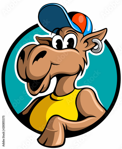 Cartoon style camel with earring and trucker hat, vector animal cartoon character.