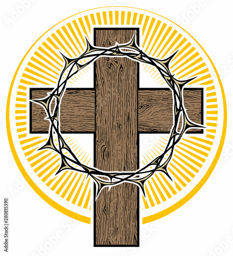 Leinwand Poster Cross with crown of thorns and sunshine on background, religious vector logo