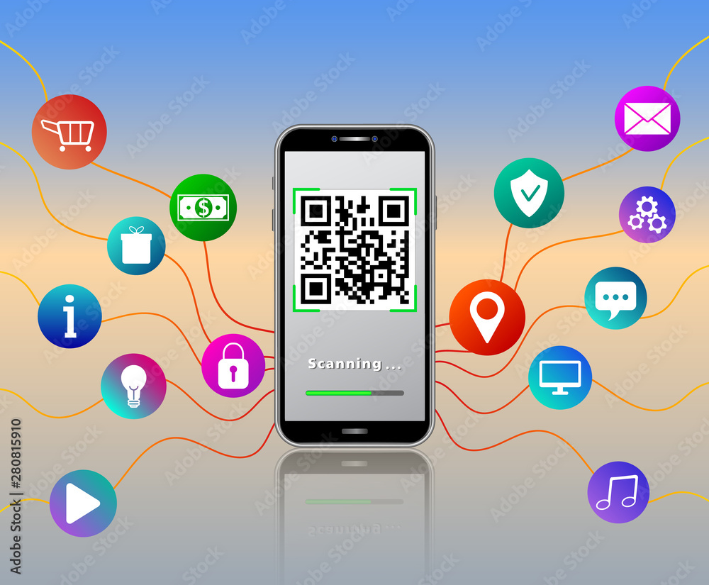 QR code reader mobile app on smartphone touch screen isolated on glossy table with colorful mobile app icons like online shopping cart, padlock, gears, money, location pin, shield and music. QR code reader mobile app on smartphone touch screen isolated on glossy table with colorful mobile app icons like online shopping cart, padlock, gears, money, location pin, shield and music.