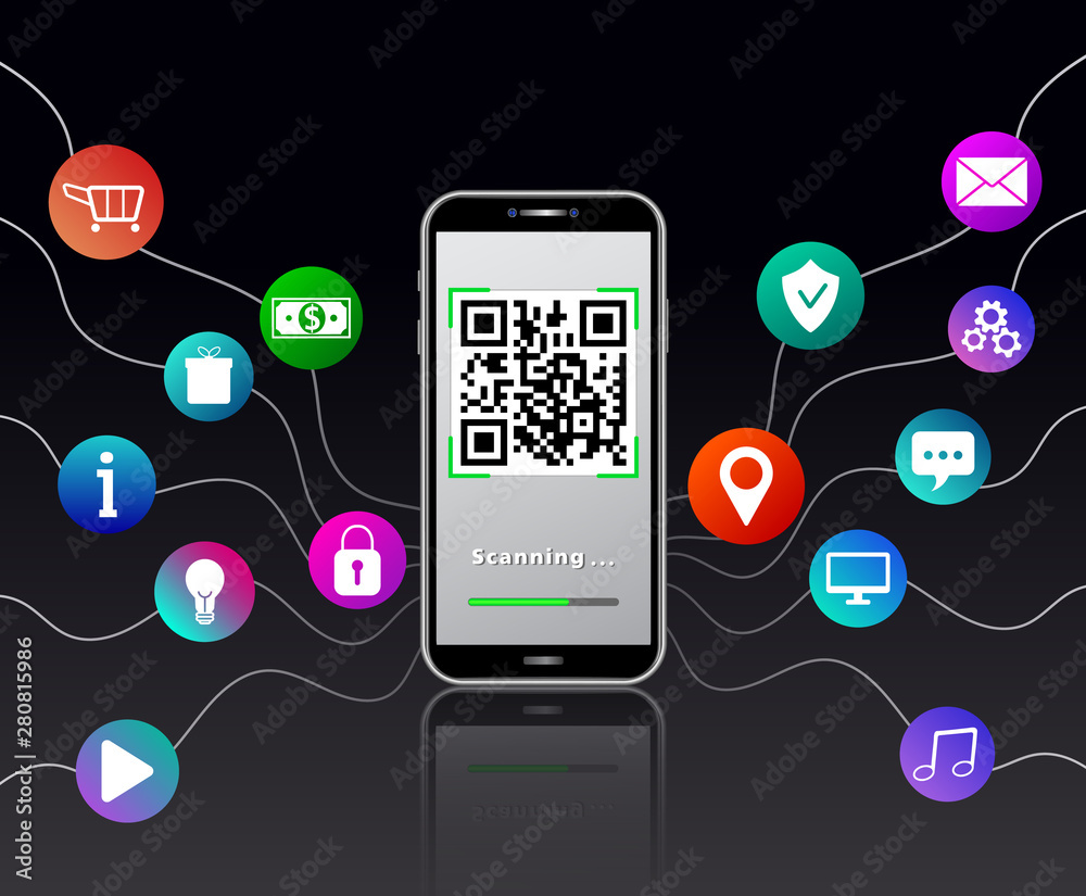QR code reader mobile app on smartphone touch screen isolated on black glossy table. Abstract background with colorful icons like shopping cart, padlock, gears, money, location pin, shield QR code reader mobile app on smartphone touch screen isolated on black glossy table. Abstract background with colorful icons like shopping cart, padlock, gears, money, location pin, shield