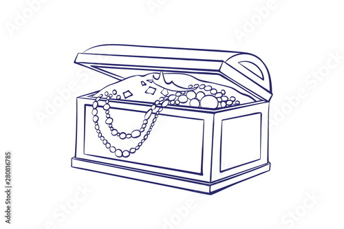 Treasure box for storage of jewelry outline. Decorative casket with gold coins, necklaces. Ñartoon vector illustration isolated on white background for coloring book
