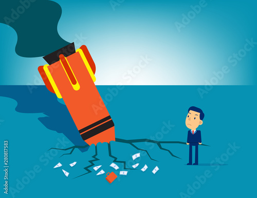 Man and rocket crash. Concept business technology vector illustration, Falling, Flat business kid cartoon design.