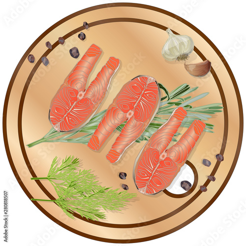 Raw salmon fillets with herbs on wooden dwsk. White background. Vector illustration