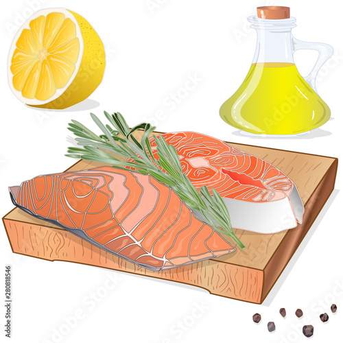Raw salmon fillets with herbs on wooden dwsk. White background. Vector illustration
