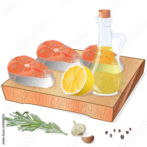 Raw salmon fillets with herbs on wooden dwsk. White background. Vector illustration