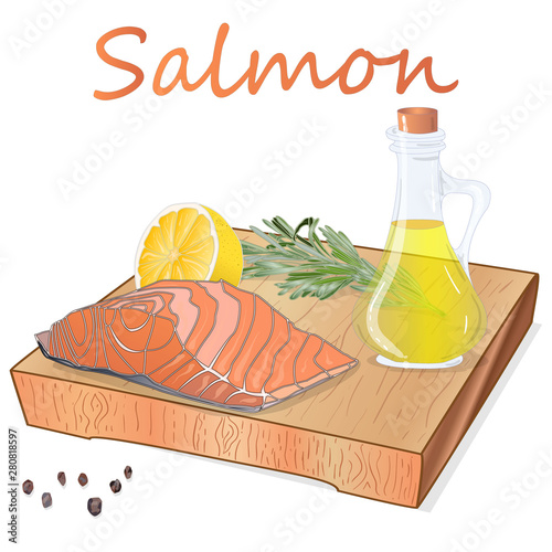 Raw salmon fillets with herbs on wooden dwsk. White background. Vector illustration