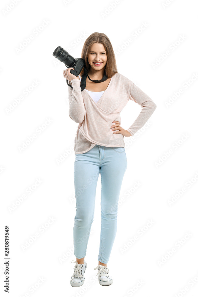 Young female photographer on white background Young female photographer on white background