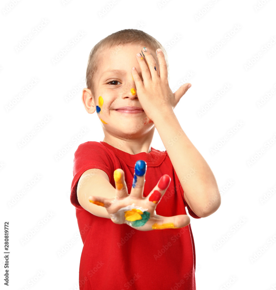 Funny little boy with hands and face in paint on white background Funny little boy with hands and face in paint on white background